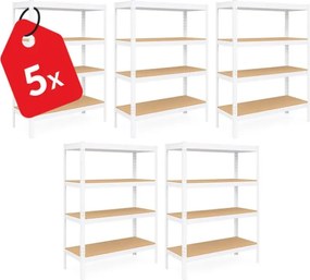 Akcia 5x Regál 150x70x30 cm lakovaný 4-policový, nosnosť 700 kg - biely