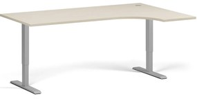 Rohový výškovo nastaviteľný stôl, 180x120 cm, 2 motory, L/P, sivá podnož, breza