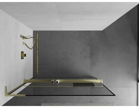 Mexen Kioto+ L, sprchová zástena Walk-In s poličkou a vešiakom 90 x 200 cm, 8mm číre sklo čierny vzor, zlatý matný profil, 800-090-123-55-70