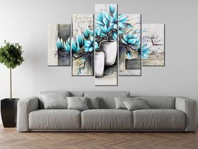 Gario Obraz s hodinami Modré magnólie vo vázach - 5 dielny Rozmery: 150 x 105 cm