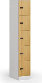 Šatníková skrinka S1 s úložnými boxmi, 5 boxov, 1850 x 300 x 500 mm, mechanický kódový zámok, laminované dvere, buk
