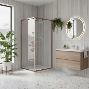 Rea City, sprchový kút s posuvnými dverami 90×90 cm + čierna sprchová vanička, medená matná, KPL-K7984