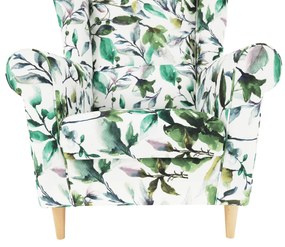 Tempo Kondela Kreslo ušiak, látka vzor zelené lístie, CHARLOT