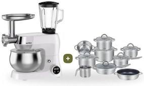 MEGAKOMBO Multifunkčný kuchynský robot BestBerg BBR-1900P + 15dielna sada riadu s mramorovým povrchom BestBerg BBSC-15 / strieborná