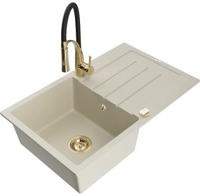 Mexen Bruno, 1-komorový granitový drez 795x495x200 mm a drezová batéria Aster, béžová, 6513-69-73450-57-G