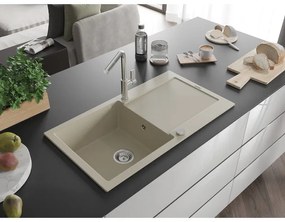 Mexen Leo, 1-komorový granitový drez 900x500x190 mm a drezová batéria Flora, béžová, 6501-69-670401-00