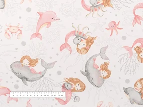 Biante Detský bavlnený behúň na stôl Sandra SA-527 Ružové morské panny s delfínmi a veľrybami na bielom 45x180 cm