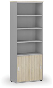 Kombinovaná kancelárska skriňa PRIMO GRAY, zasúvacie dvere na 2 poschodia, 2128 x 800 x 420 mm, sivá/dub prírodný