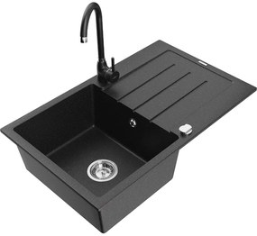 Mexen Bruno, 1-komorový granitový drez s odkvapkávačom 80x50 cm a kuchynskou batériou Telma, čierna-strieborná, 6513-73-670200-70