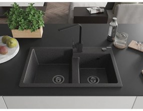 Mexen Tomas, granitový drez 800x500x190 mm, 2-komorový a čierna batéria Rita, čierna škvrnitá, 6516-76-670300-70-B