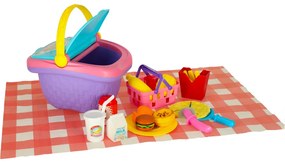 KIK Detský piknikový kôš s pizzou a hamburgerom – farebná plastová hračka s nálepkami 3+
