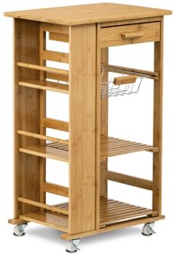 Servírovací stolek / regál, policový, masiv bambus, přírodní odstín, pojezd