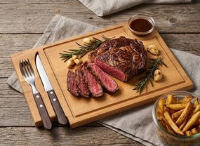 AMADEA Drevená doštička na steak s príborom a sklenenou miskou, masívne drevo, 36x23x2 cm