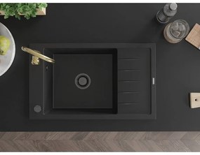 Mexen Elias, 1-komorový granitový drez s odkvapkávačom 795x480x200 mm a zlatá lesklá kuchynská batéria Telma, čierna, 6511-77-670200-50-B