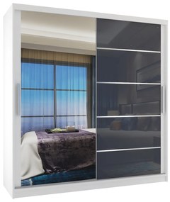 Šatníková skriňa 158 cm Belini biely mat / šedý lesk s posuvnými dverami zrkadlom a zásuvkami MGB SZP7/0/W/1L5S/KLAL