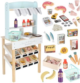 KIK Drevený stánok supermarket s pokladňou, košíkom a potravinami pre deti LULILO