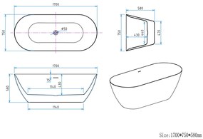Erga Kaia, voľne stojaca vaňa 170x75 cm + odtoková zátka, biela lesklá, ERG-Kaia-170075-WH-WH