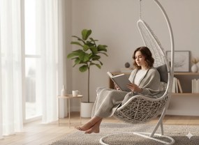 Garden Line BIELA ZÁVESNÁ STOLIČKA, VANKÚŠ – TMAVOSIVÁ, RÁM – BIELY, POLOVICA