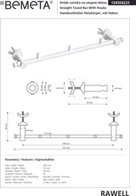Bemeta Design RAWELL: Držiak uterákov na vykurovacie teleso s háčikmi 300 mm, biela - 134504225
