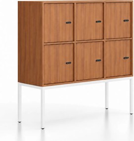 Kancelárska skriňa FRAME, nízka, biela podnož, 6x dvere, 1299 x 450 x 1331 mm, mechanický kódový zámok, orech
