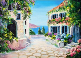 Sklenený obraz - Grécka ulička, olejomaľba (70x50 cm)