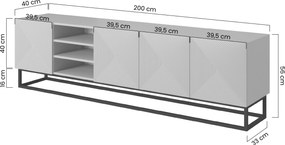 RTV skrinka Asha 200 cm ryhovaná s výklenkom a kovovým rámom - dub artisan / čierny mat
