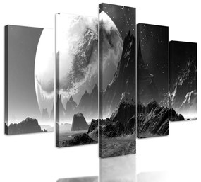 5-dielny obraz neznáma futuristická planéta v čiernobielom prevedení
