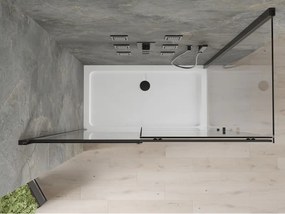 Mexen Omega, sprchovací kút s posuvnými dverami 140 (dvere) x 80 (stena) cm, 8mm číre sklo, čierny profil + slim sprchová vanička biela s čiernym sifónom, 825-140-080-70-00-4010B
