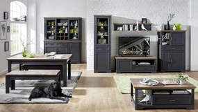 Nástavná vitrína s priehradkami Jasmin, grafit/dub, s osvetlením