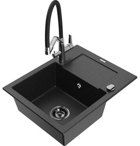 Mexen Enzo, granitový drez 576x465x174 mm, 1-komorový a drezová batéria Duo, čierna-strieborná metalíza, 6506-73-671701-07-B