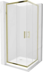Mexen Rio, štvorcový sprchovací kút s posuvnými dverami 80(dvere) x 80(dvere) x 190 cm, 6mm sklo námraza, zlatý profil + biela sprchová vanička SLIM, 860-080-080-50-30-4010G