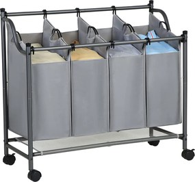 Kôš na bielizeň s kolieskami, 4 priehradky, vozík na bielizeň, 4 x 35L, sivý