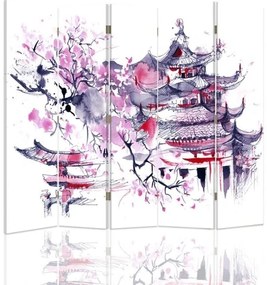 Ozdobný paraván Japonská růžová krajina - 180x170 cm, päťdielny, klasický paraván