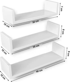 Nástenné poličky, poličky v tvare U, sada 3 ks, biele