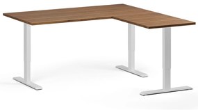 Rohový výškovo nastaviteľný stôl, 160x160 cm, 3 motory, L/P, biela podnož, orech