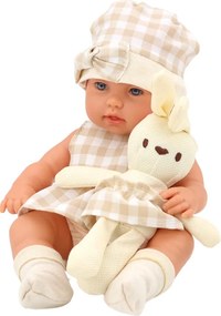 LEAN Toys Bábika Bobas v nosiči Zajačik v kockovanom oblečení, béžová