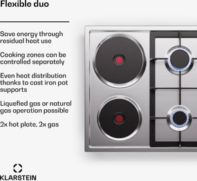Klarstein MultiChef 4 Hot Plate, elektrická a plynová varná doska, 4 varné zóny, 2 horáky, 2 elektrické platne