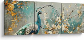 Obraz - Páv so zlatým dekorom (s hodinami) (90x30 cm)
