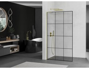 Mexen Kioto L, sprchová zástena Walk-In 110 x 200 cm, 8mm číre sklo čierny vzor, zlatý matný profil, 800-110-103-55-77