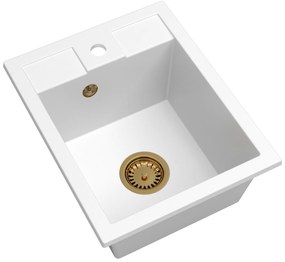 Sink Quality Ferrum 40, kuchynský granitový drez 400x500x195 mm + zlatý sifón, biela, SKQ-FER.W.1K40.XG