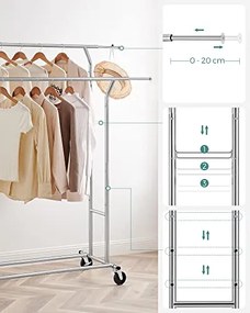 Kovový stojan na oblečenie, rozťahovateľný, strieborný, 160x129x55cm