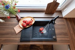 Laveo Pionier, 1-komorový granitový drez 780x500x207 s krátkym odkvapávačom, čierna škvrnitá, LAV-SBR_713T