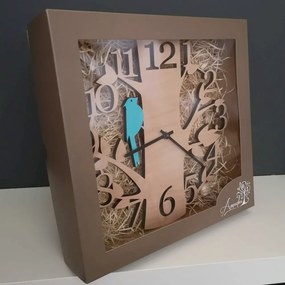 AMADEA Drevené hodiny nástenné v tvare stromu s modrým vtáčikom, masívne drevo, priemer 30 cm