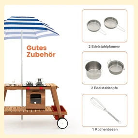 Mud Kitchen Detská vonkajšia detská kuchyňa Drevo so slnečníkom a kolieskami Modrá