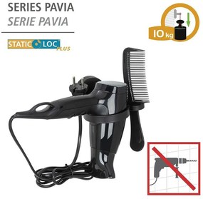 Čierny nástenný držiak na fén Wenko Static-Loc® Pavia