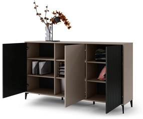 Komoda Rimini K-182 Béžová Taupe / Čierna matná - MODERNÁ SKRIŇA S DRÁŽKOVANÝMI ČELAMI