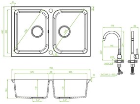 Laveo Celia, 2-komorový granitový drez 760x480x184 mm + drezová batéria s výlevkou v tvare U, béžová, LAV-SJCE420T