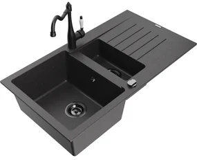 Mexen Matias, granitový drez 900x505x200 mm, 1,5-komorový a drezová batéria Carla, čierna škvrnitá, 6502-76-670700-70-B