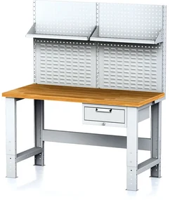 Alfa 3 Nastaviteľný dielenský stôl MECHANIC I , závesný box na náradie, nadstavba, polica, 1 zásuvka, 1500x685x700-1055 mm, sivé