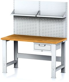 Alfa 3 Nastaviteľný dielenský stôl MECHANIC I , závesný box na náradie, nadstavba, polica, 1 zásuvka, 1500x685x700-1055 mm, sivé